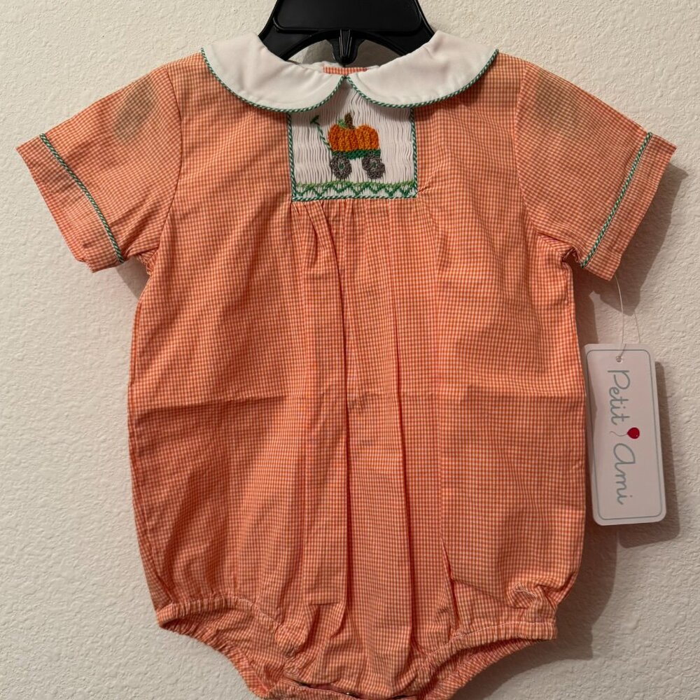 Petit Ami Orange Check Pumpkin Smocked Boys Romper 6 Months